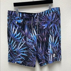 UZZI Men’s XXL Blue and Purple Plant Leaves Tropical Swim Shorts Trunks